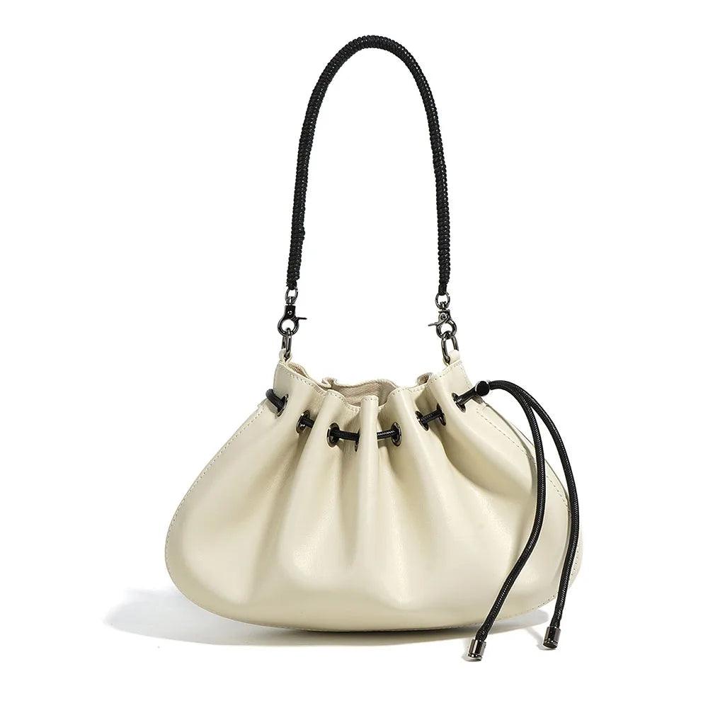 Genuine Cowhide Leather-Shell Drawstring Cross-body Bag - Eyeamsassy