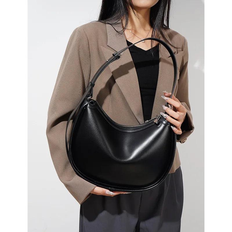 Genuine Leather Large Capacity Half Moon Hand Bag - Eyeamsassy