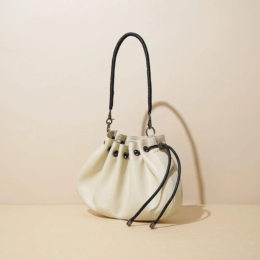 Genuine Cowhide Leather-Shell Drawstring Cross-body Bag - Eyeamsassy