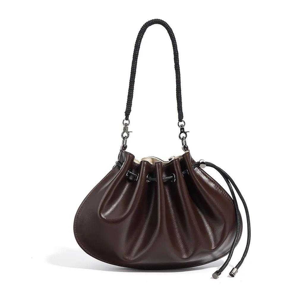 Genuine Cowhide Leather-Shell Drawstring Cross-body Bag - Eyeamsassy